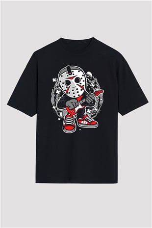 Jason Rockstar Baskılı Unisex Siyah Oversize Tişört
