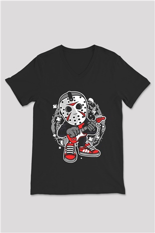 Jason Rockstar Baskılı Unisex Siyah V Yaka Tişört