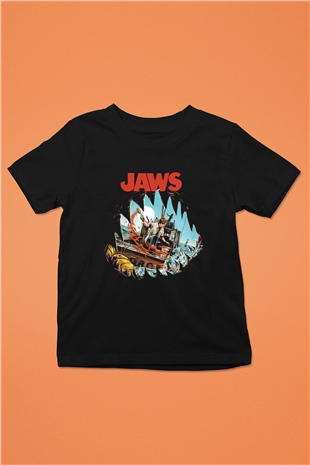 Jaws Baskılı Siyah Unisex Çocuk Tişört
