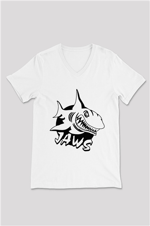 Jaws Beyaz Unisex V Yaka Tişört T-Shirt
