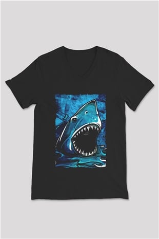 Jaws Siyah Unisex V Yaka Tişört