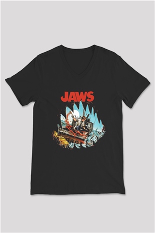 Jaws Siyah Unisex V Yaka Tişört T-Shirt
