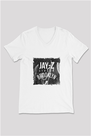 Jay-Z Baskılı Beyaz V Yaka Unisex Tişört