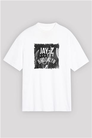 Jay-Z Baskılı Oversize Beyaz Tişört