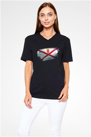 Jersey Bayrağı Baskılı Unisex Siyah V Yaka Tişört