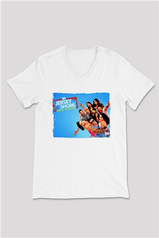 Jersey Shore Beyaz Unisex V Yaka Tişört