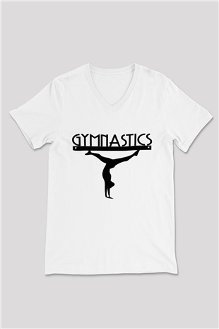 Jimnastik Beyaz Unisex V Yaka Tişört T-Shirt