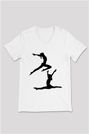 Jimnastik Beyaz Unisex V Yaka Tişört T-Shirt