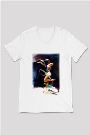 Jimnastik Beyaz Unisex V Yaka Tişört T-Shirt