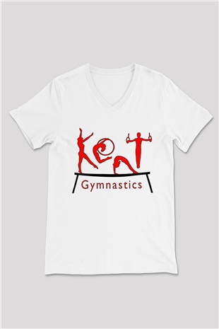 Jimnastik Beyaz Unisex V Yaka Tişört T-Shirt