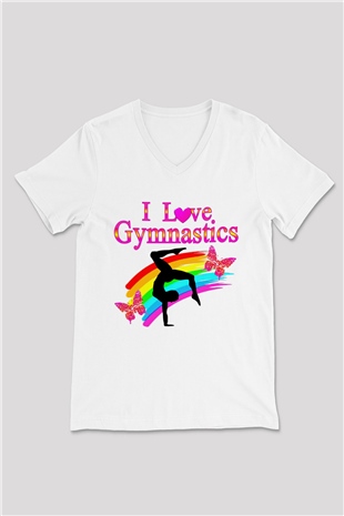 Jimnastik Beyaz Unisex V Yaka Tişört T-Shirt