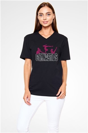 Jimnastik Siyah Unisex V Yaka Tişört T-Shirt
