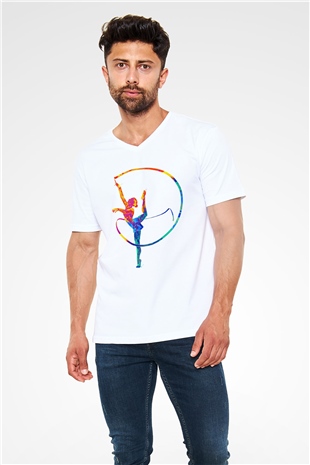 Jimnastikçi Beyaz Unisex V Yaka Tişört
