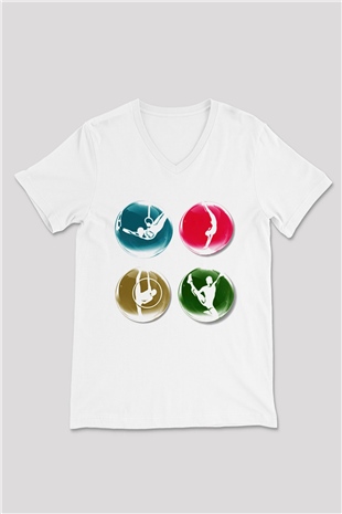 Jimnastikçi Beyaz Unisex V Yaka Tişört T-Shirt