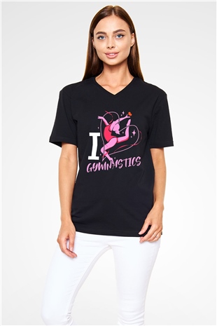Jimnastikçi Siyah Unisex V Yaka Tişört
