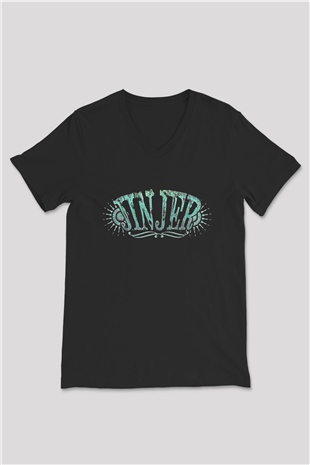 Jinjer Baskılı Unisex Siyah V Yaka Tişört - Tshirt
