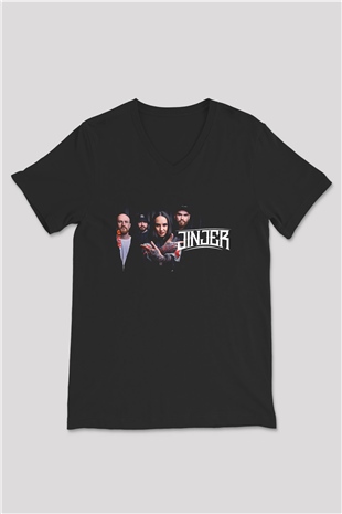 Jinjer Baskılı Unisex Siyah V Yaka Tişört - Tshirt