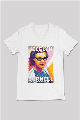 Jocelyn Bell Burnell Baskılı Unisex V Yaka Beyaz Tişört - Tshirt
