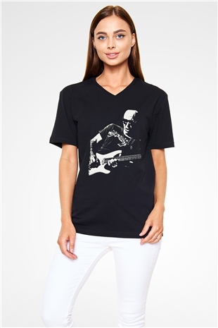 Joe Santriani Baskılı Unisex Siyah V Yaka Tişört - Tshirt