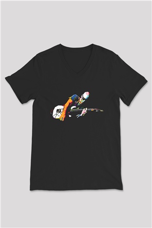 Joe Santriani Baskılı Unisex Siyah V Yaka Tişört - Tshirt