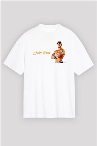 John Cena Baskılı Beyaz Unisex Oversize Tişört - Tshirt