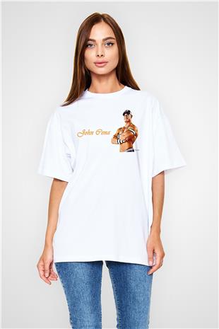 John Cena Baskılı Beyaz Unisex Oversize Tişört - Tshirt