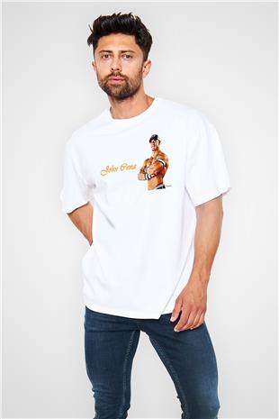 John Cena Baskılı Beyaz Unisex Oversize Tişört - Tshirt