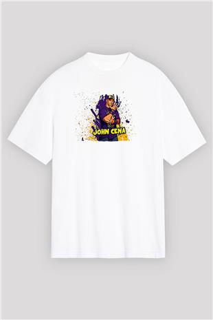 John Cena Baskılı Beyaz Unisex Oversize Tişört - Tshirt