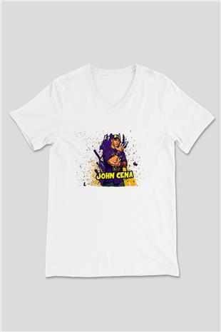 John Cena Baskılı Beyaz Unisex V Yaka Tişört - Tshirt