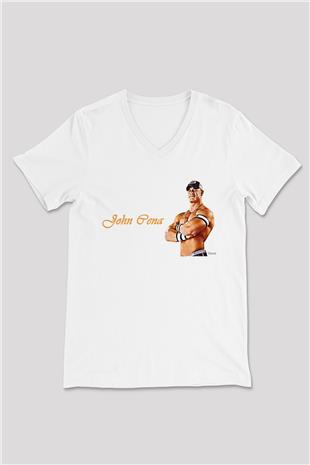John Cena Baskılı Beyaz Unisex V Yaka Tişört - Tshirt
