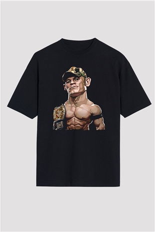 John Cena Baskılı Unisex Siyah Oversize Tişört - Tshirt