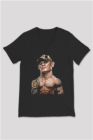 John Cena Baskılı Unisex Siyah V Yaka Tişört - Tshirt