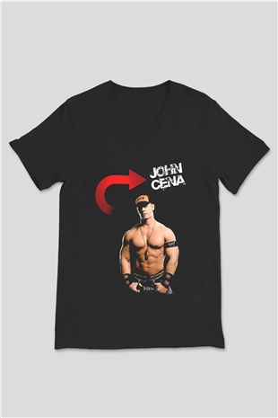 John Cena Baskılı Unisex Siyah V Yaka Tişört - Tshirt