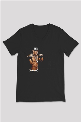 John Cena Baskılı Unisex Siyah V Yaka Tişört - Tshirt