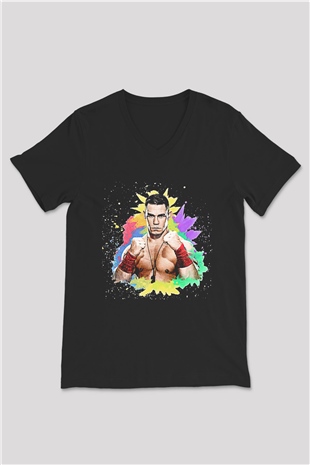 John Cena Baskılı Unisex Siyah V Yaka Tişört - Tshirt