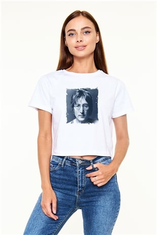 John Lennon Baskılı Beyaz Kadın Crop Top Tişört