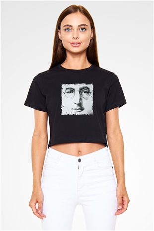 John Lennon Baskılı Siyah Kadın Crop Top Tişört