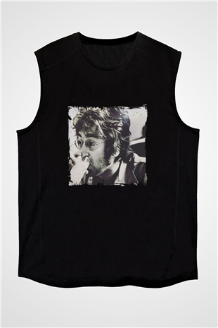 John Lennon Baskılı Unisex Siyah Kolsuz Tişört