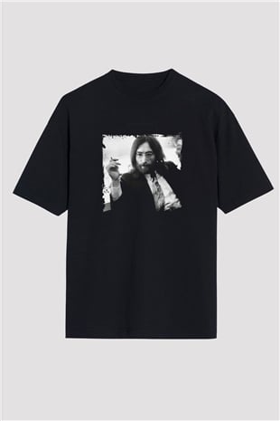 John Lennon Baskılı Unisex Siyah Oversize Tişört