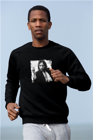 John Lennon Baskılı Unisex Siyah Sweatshirt