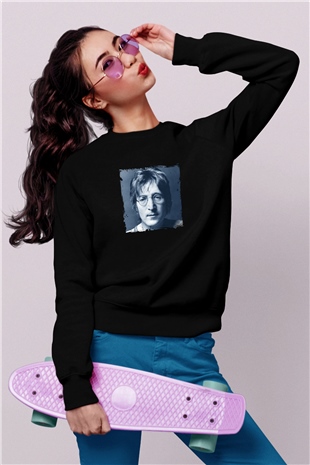 John Lennon Baskılı Unisex Siyah Sweatshirt