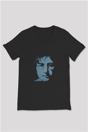 John Lennon Baskılı Unisex Siyah V Yaka Tişört