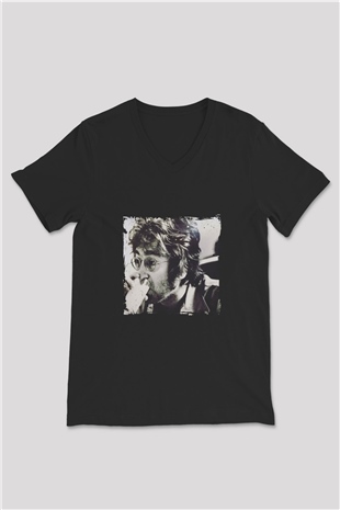 John Lennon Baskılı Unisex Siyah V Yaka Tişört