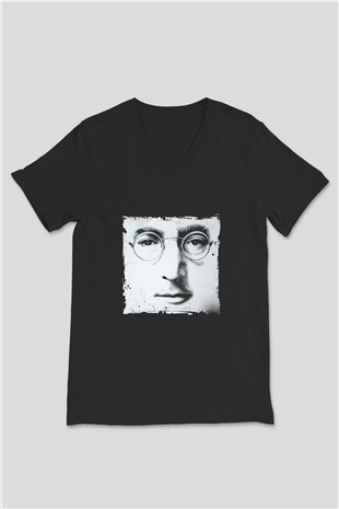 John Lennon Baskılı Unisex Siyah V Yaka Tişört