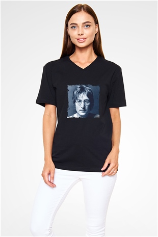 John Lennon Baskılı Unisex Siyah V Yaka Tişört