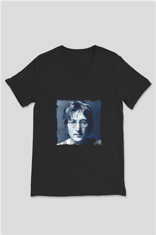 John Lennon Baskılı Unisex Siyah V Yaka Tişört