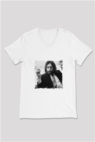 John Lennon Baskılı V Yaka Unisex Beyaz Tişört