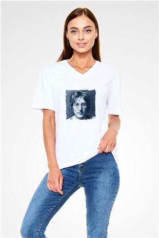 John Lennon Baskılı V Yaka Unisex Beyaz Tişört