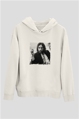 John Lennon Unisex Baskılı Beyaz Kapüşonlu Sweatshirt