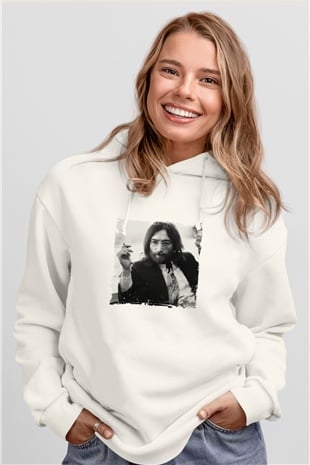 John Lennon Unisex Baskılı Beyaz Kapüşonlu Sweatshirt
